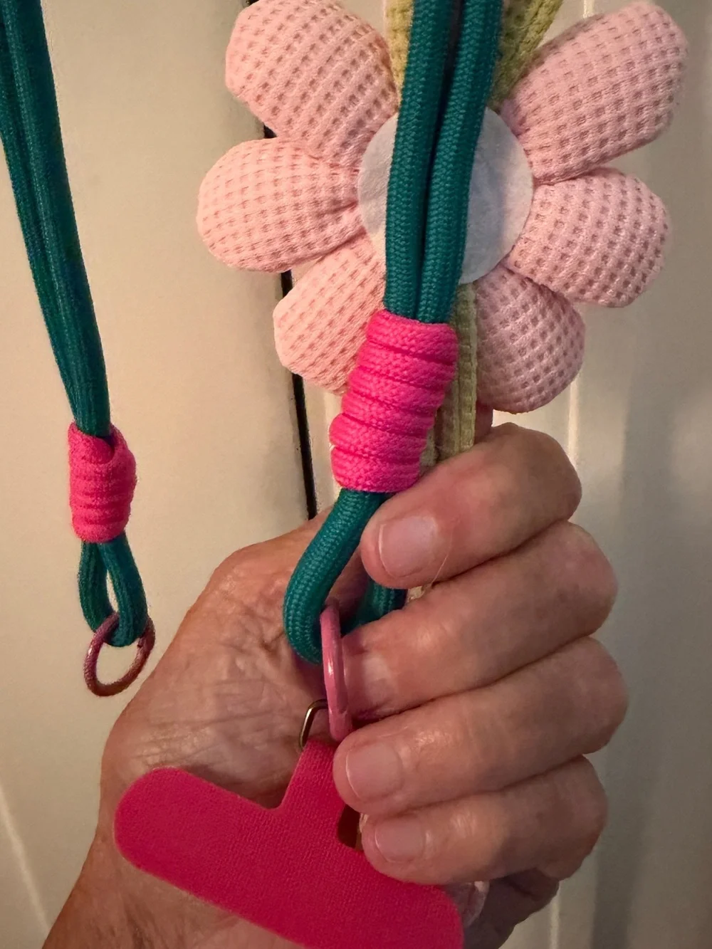 Pink Floral Crochet Phone Case Lanyard with Teal Accent